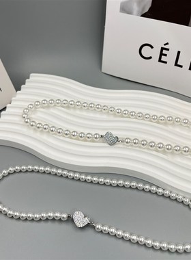 法式复古珍珠项链高级镶锆爱心颈链小众设计轻奢锁骨链女时尚简约