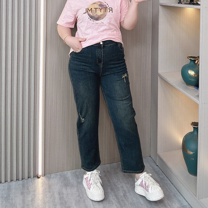 美式复古破洞牛仔裤女春夏装新款大码胖mm高腰弹力显瘦直筒休闲裤