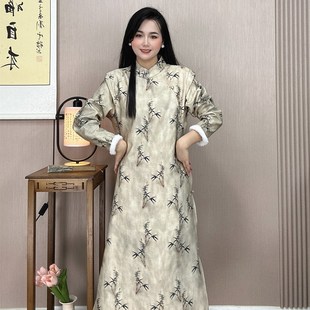 新中式女装旗袍连衣裙国风复古裙冬季加绒加厚改良版长袖旗袍裙子