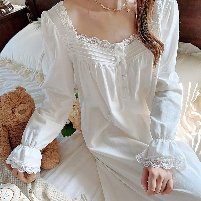 宫廷风白色钩花纯棉洋装睡裙女秋季新款长袖宽松全棉家居服睡衣