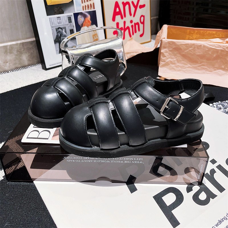 欧货2025年真皮编织复古包头复古猪笼鞋复古凉鞋平底鞋小皮鞋女鞋