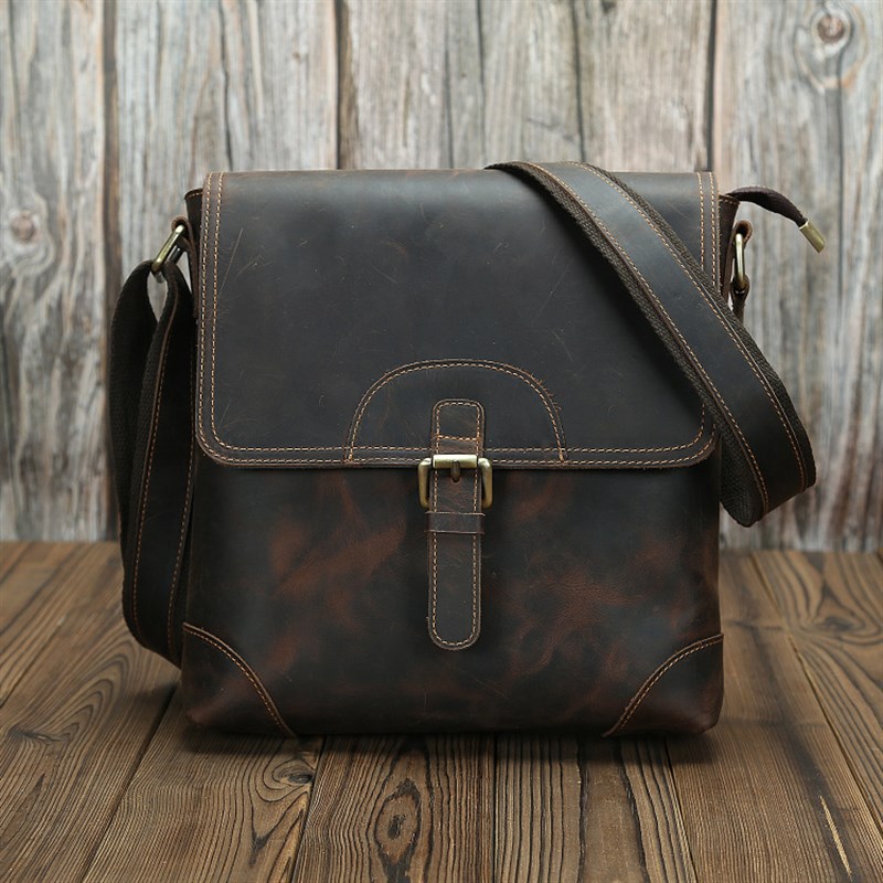 疯马皮复古头层牛皮男士真皮休闲手工横款斜跨单肩斜挎包男包女包