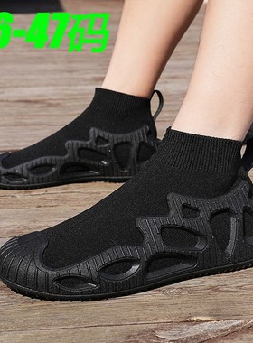 一脚蹬高帮板鞋男款全黑色网面透气运动休闲网布鞋无鞋带袜子女鞋