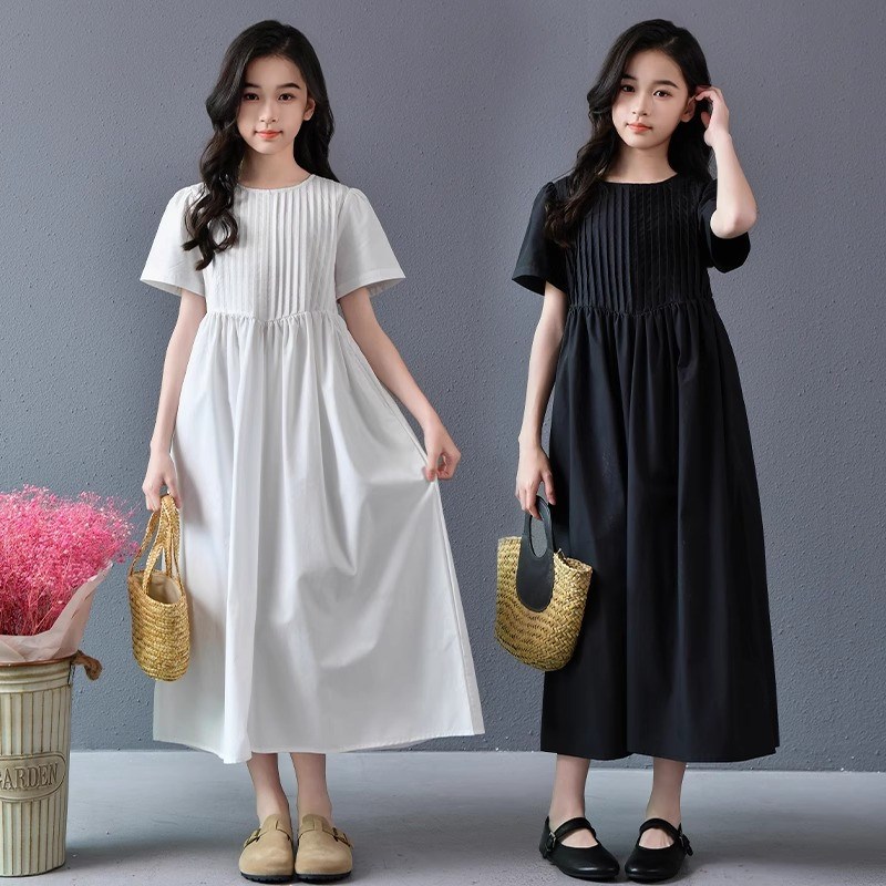大童女初中生连衣裙夏季长裙洋气时髦法式高级感裙子小白裙A字裙
