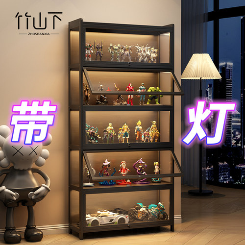 透明亚克力手办展示柜收纳带锁LED灯防尘家用玩具模型摆件置物架