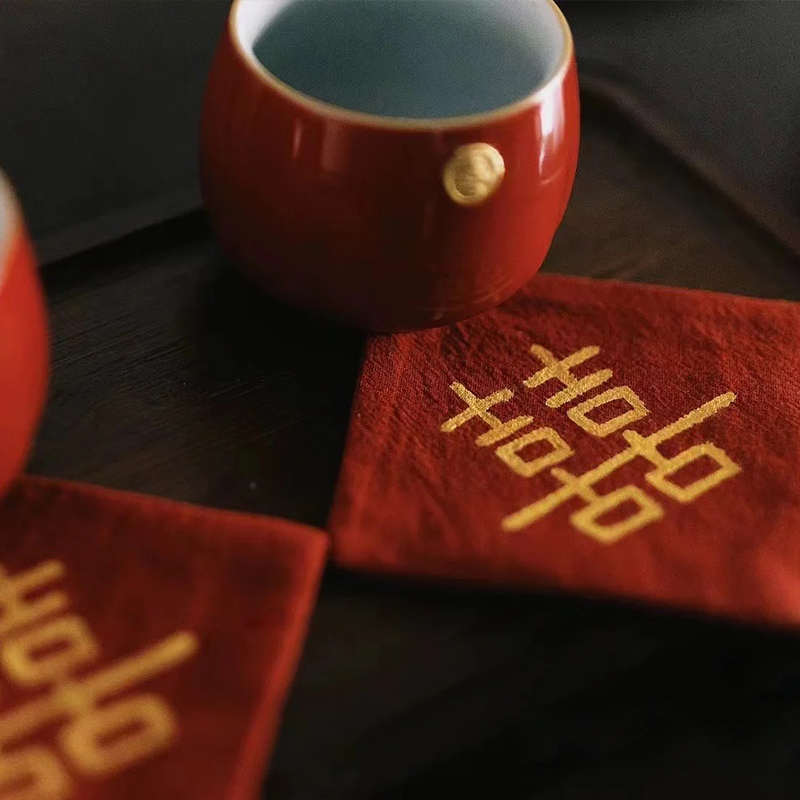 喜字杯垫布e艺结婚敬茶杯托婚房装饰用品喜庆拍摄道具茶托防滑防