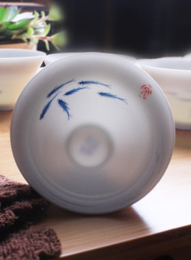 手绘茶杯斗笠杯品茗杯高白瓷螺纹鱼杯响杯薄胎青花瓷功夫茶具茶杯