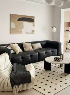 北欧黑色侘寂风双面皮艺极简现代中古小户型客厅模块接待沙发组合