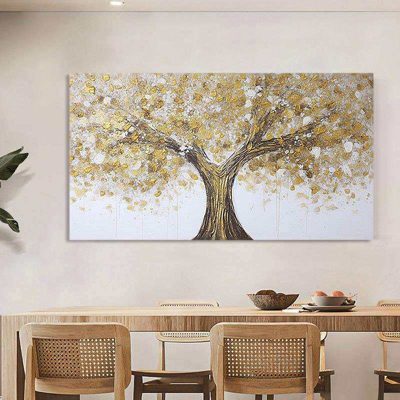 外贸纯手绘油画抽象发财树高级感卧室玄关餐厅客厅装饰画肌理油画