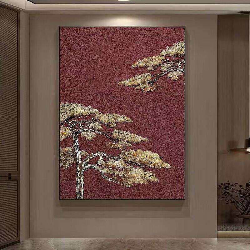 纯手绘油画新中式迎客松玄关入户装饰画手工肌理客厅红色挂画过道
