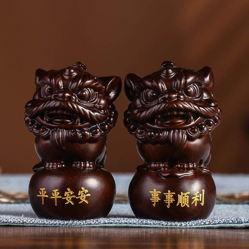 黑檀实木瑞兽醒狮手把件小号可爱风装饰配件把玩件客厅书房工艺品