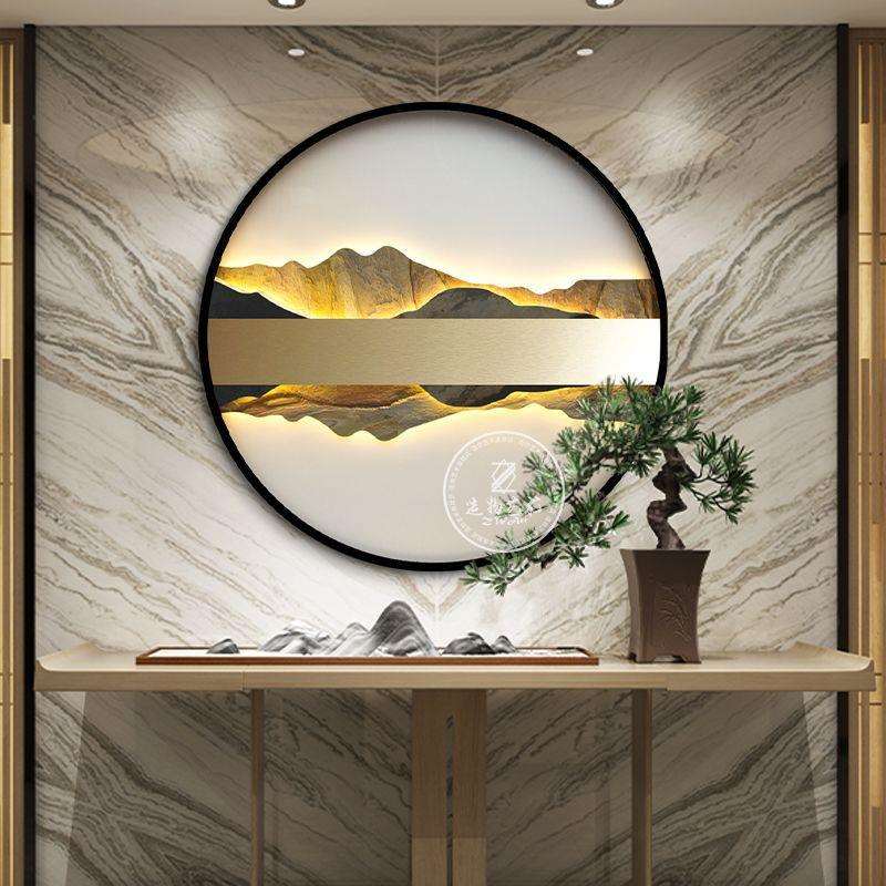 岩板LED灯画装饰画简约茶室壁挂玄关画立体壁灯画圆形山水装饰画