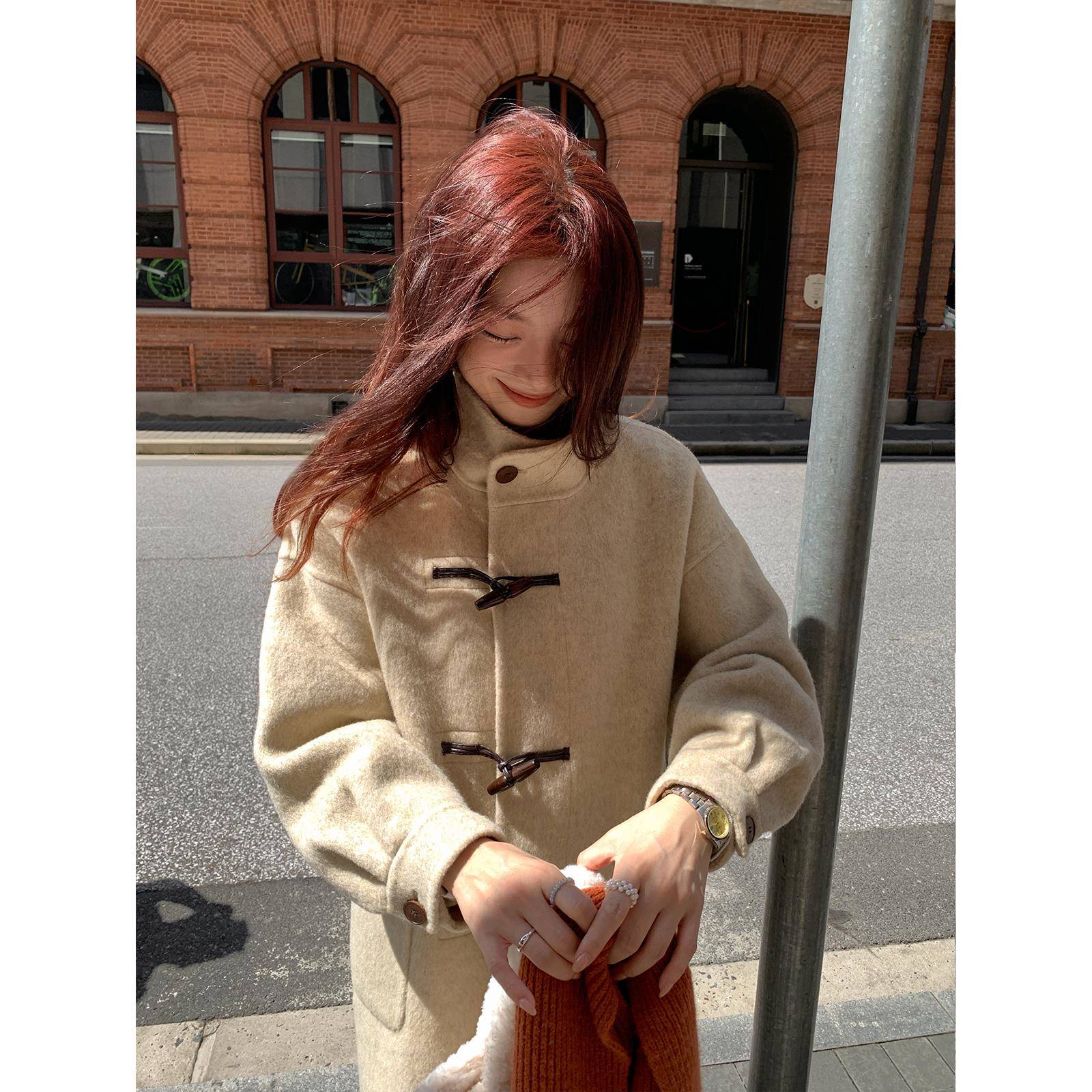 西西里安 北岛来信~牛角扣羊毛高领双面呢大衣女小个子韩版外套
