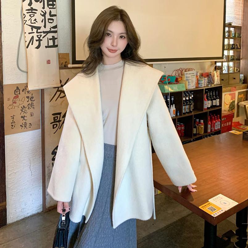 双面羊绒呢子大衣女短款小个子2024冬季高级感斗篷连帽羊毛呢外套