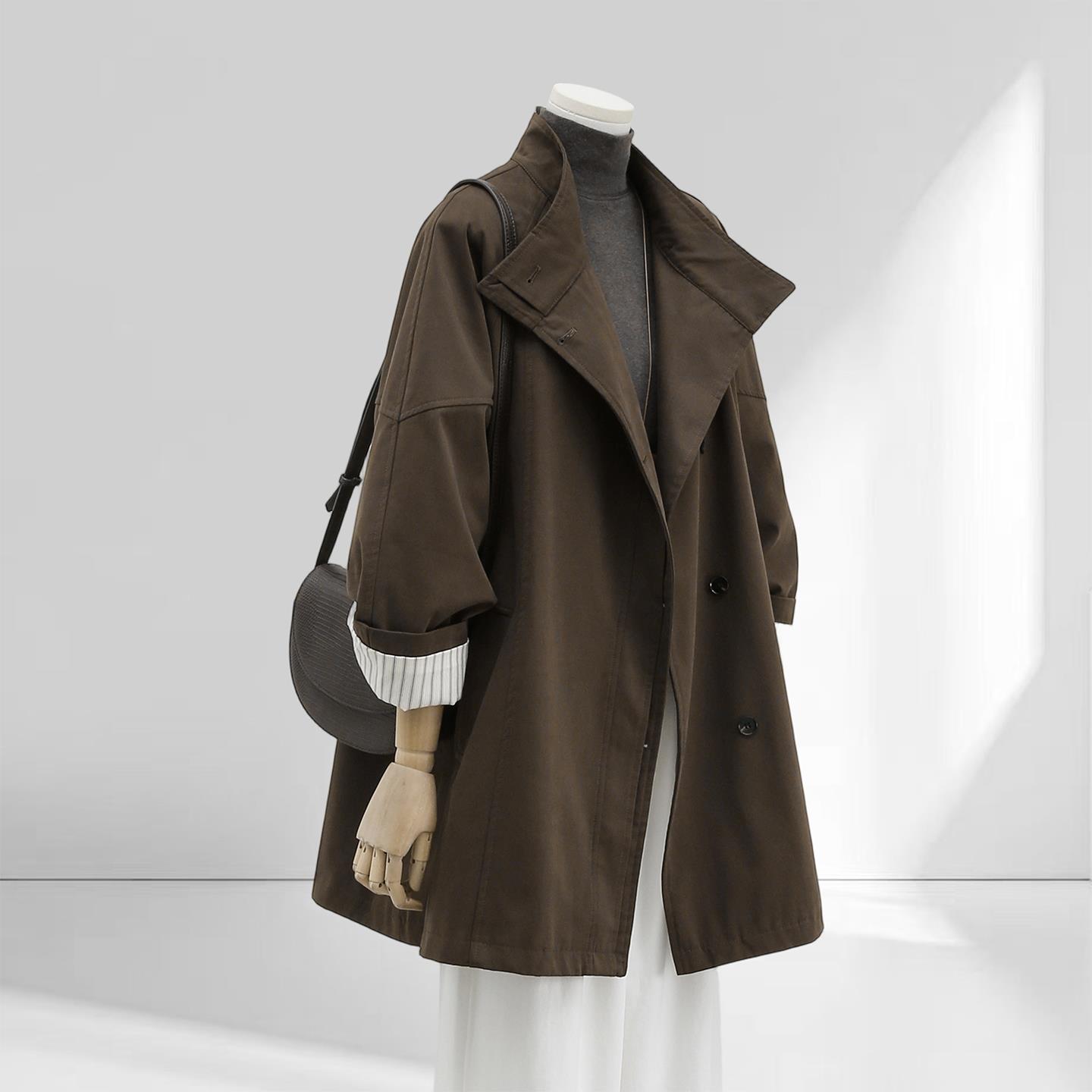 咖色风衣外套女2025春秋季新款韩系立领宽松休闲小个子中长款大衣