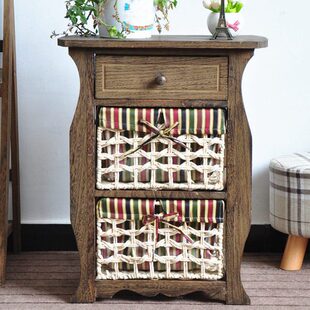 免安装欧式藤编简易胡桃木小床头柜收纳柜多层斗柜实木复古抽屉柜