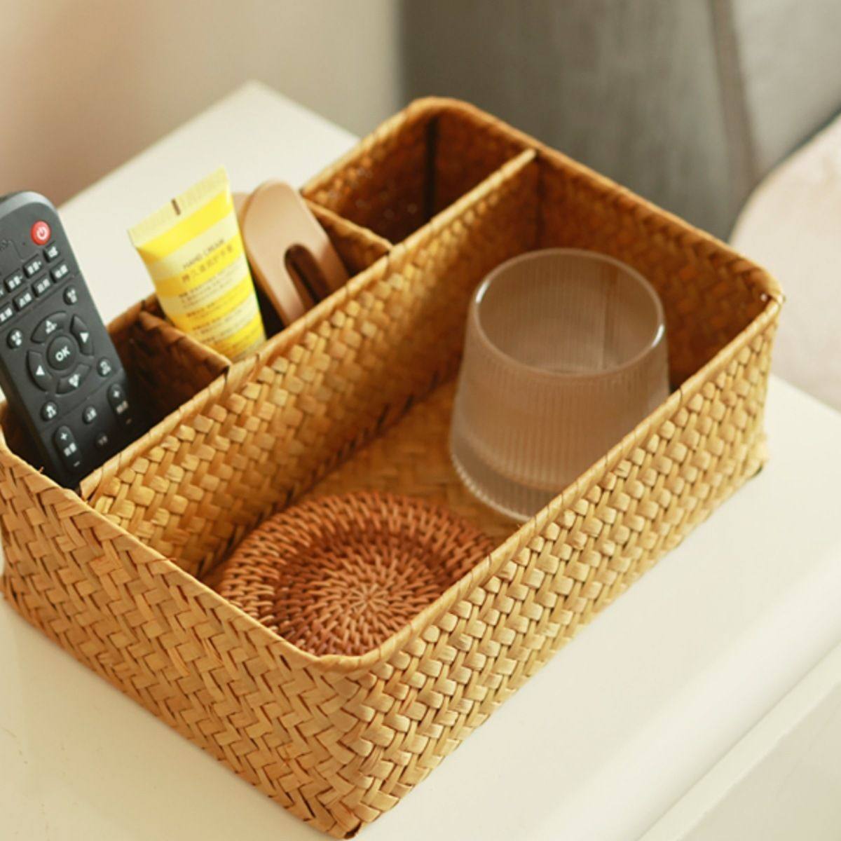 桌面分类整理收纳盒草编多格茶几遥控器盒藤编盒钥匙杂物收纳,收纳整理,收纳筐,淘宝优惠券,粉丝福利购,淘宝优惠卷
