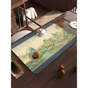 古风茶席硅藻泥吸水茶垫桌垫千里江山图台面沥水垫子山水茶杯垫布