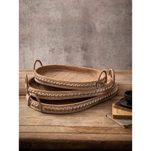 波西米亚复古藤编托盘日式桌面收纳装饰盘长方形果盘茶盘实木盘子