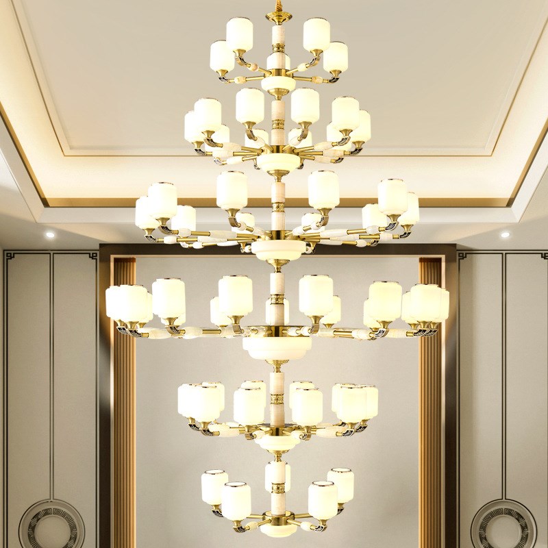 别墅客厅大吊灯新中式q全铜复式楼中空玉石长吊灯酒店大厅餐厅灯