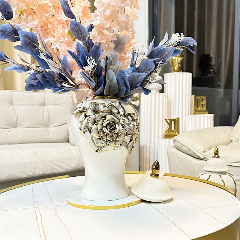 轻奢电镀金色陶瓷将n军瓶姜罐储物罐客厅家居样板房摆件插花花瓶