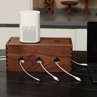 收纳盒桌面线盒插排插座接线板整理集黑胡桃电源线盒实木遮挡装饰