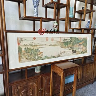 琴携访友客厅沙发书房国画山水画中式背景墙装饰茶室挂画图横版画