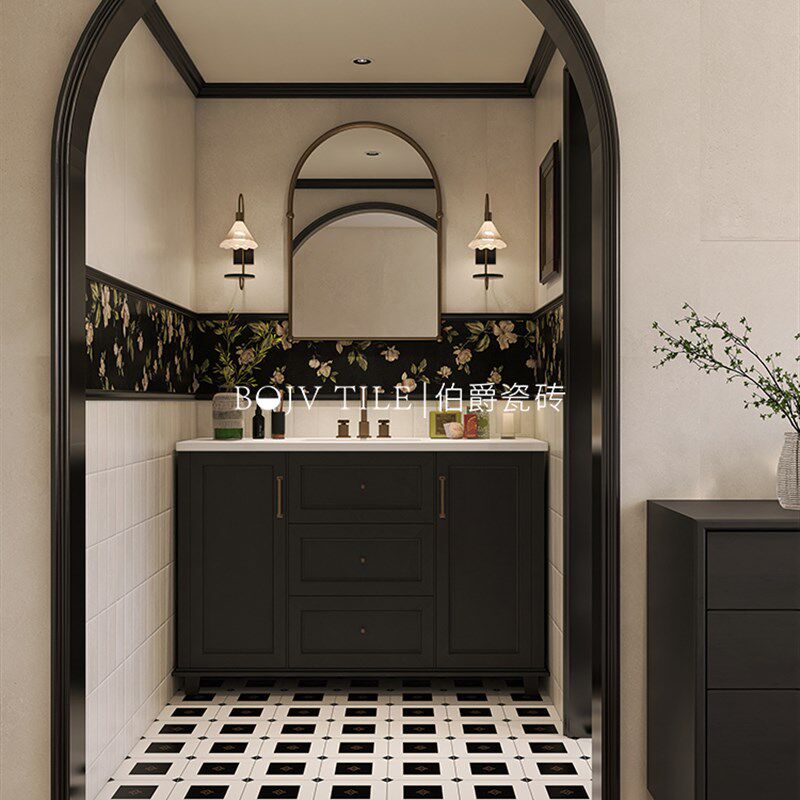 伯爵法国复古浴室瓷砖白玉兰黑色和白D色瓷砖浴室厨房墙砖防滑耐