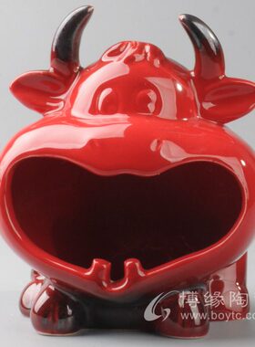 肖可爱牛烟灰缸造个性型桌面随手礼釉釉礼品陶瓷生牛头红高牛实用