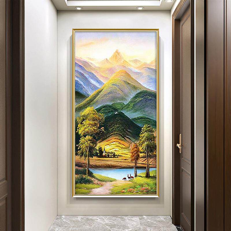 手绘油画巨人山聚宝盆美式风景山水画玄关装饰画竖版走廊过道挂画