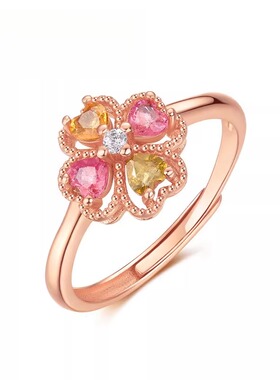 新款时尚流行天然粉碧玺花朵戒指小清新S925纯银镀金彩宝戒指