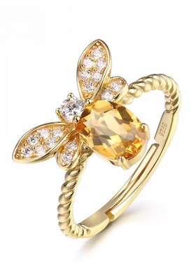 彩宝手饰天然粉 黄水晶活口蜜蜂纯银戒指小众设计