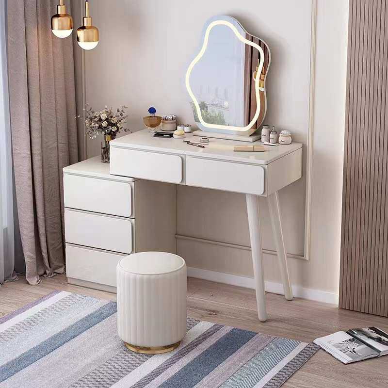 极简卧室梳妆台全实木奶油风可移动伸缩带镜化妆台斗柜一体化妆桌