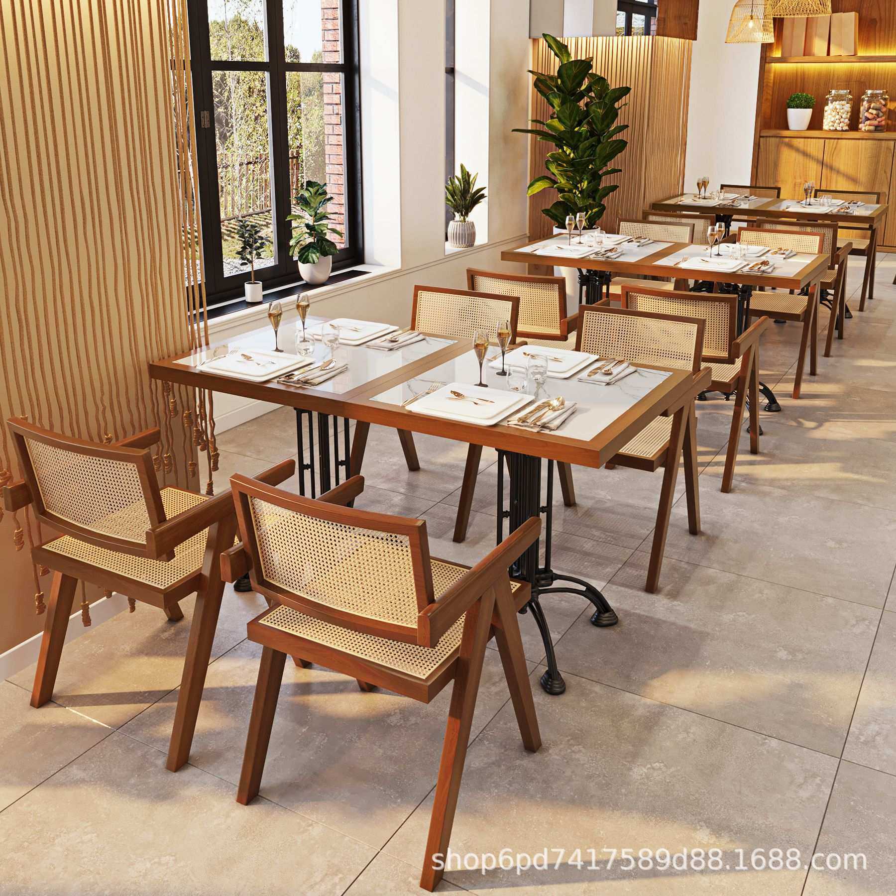 复古风美式咖啡厅桌椅组合餐厅洽谈甜品小吃奶茶店实木藤编餐椅