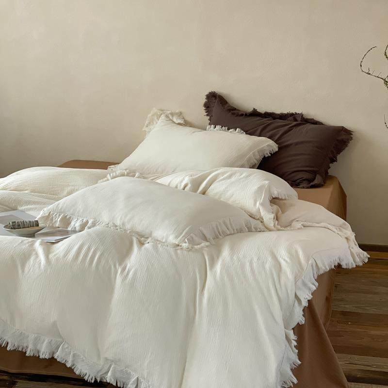 日式复古素色简约床上用品床笠新款40支全棉皱皱纱流苏四件套