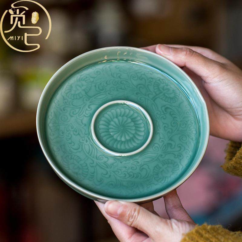 越窑青瓷浮雕缠枝莲壶承干泡台家用陶瓷盖碗茶壶托盘功夫养壶垫