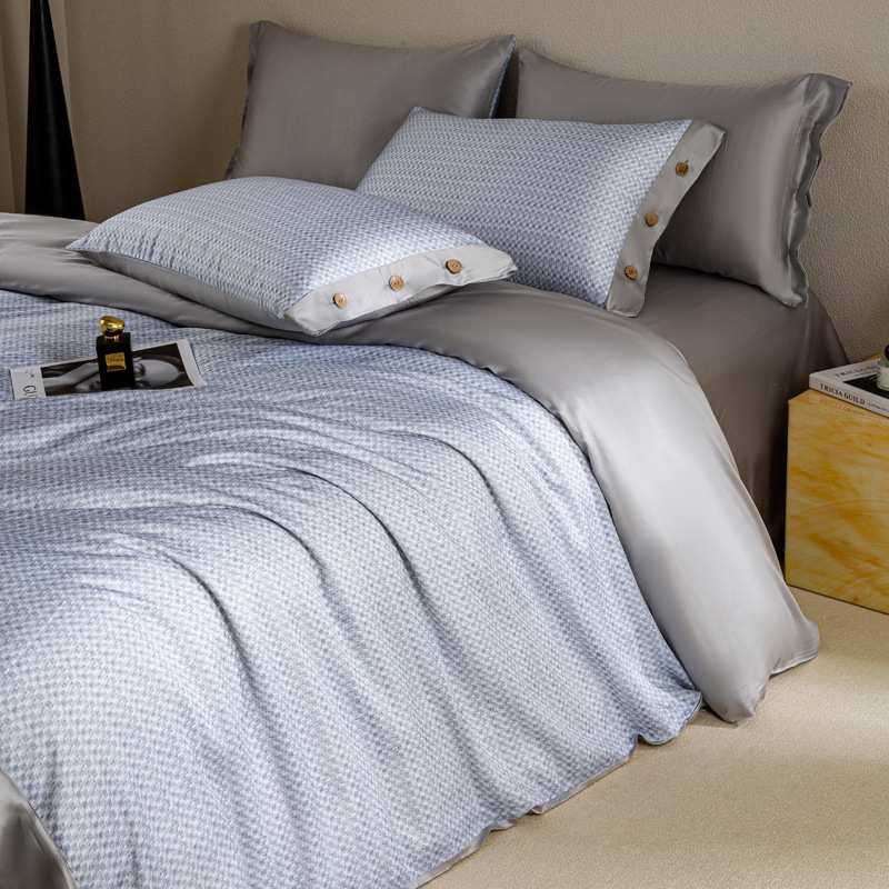 春夏新品纽扣款天丝四件套莱赛尔纤维印花亲肤凉感丝被套床单床品