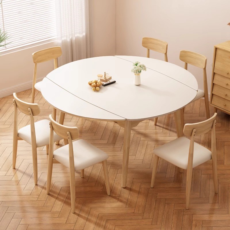 侘寂奶油风实木岩板可伸缩餐桌简约轻奢家用小P户型方圆两用餐桌