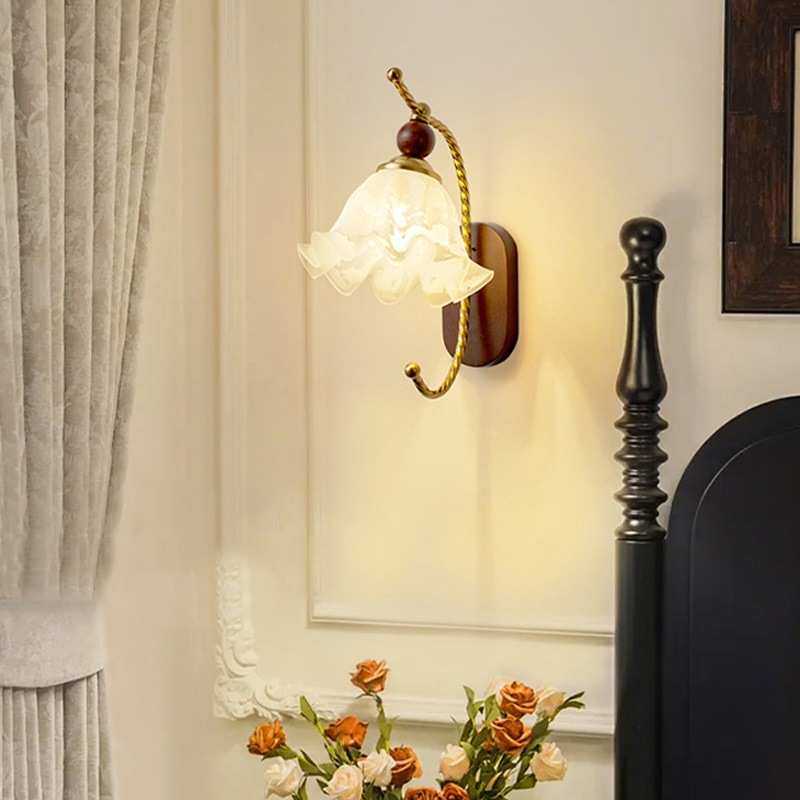 护眼灯床头卧室道法式复古玻璃过温馨胡桃木色古风中客厅壁灯走廊