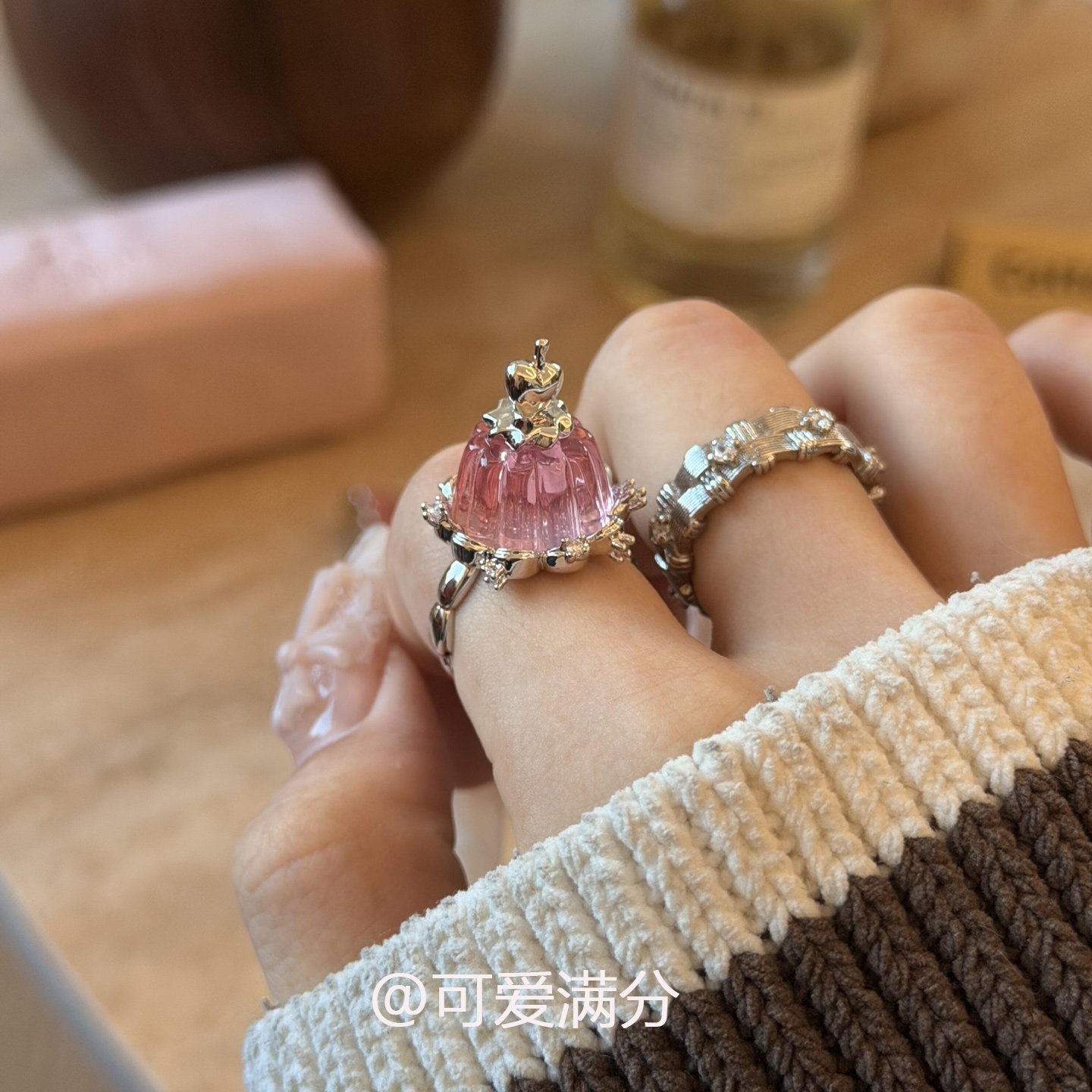 S925纯银甜美果冻粉布丁戒指2026新可爱少女心小众百搭开口食指戒