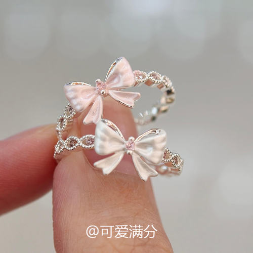 S925纯银甜美风粉白蝴蝶结戒指女