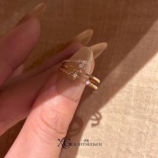 韩系爆闪金色双层星芒戒指2026新款爆款轻奢高级感开口叠戴食指戒