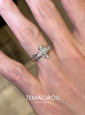 S925纯银老钱风十字架鸢尾花戒指