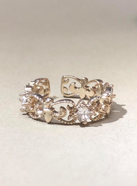 S925纯银中古金色镶钻鸢尾花戒指