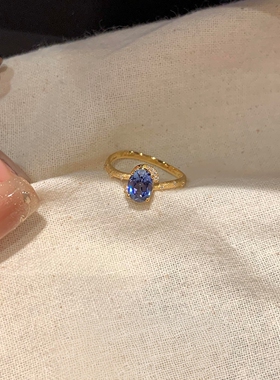 S925纯银法式超闪蓝钻金色戒指女