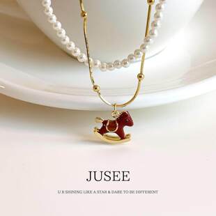 S925纯银新年红色珐琅小马项链马本命年独特气质高级感珍珠毛衣链