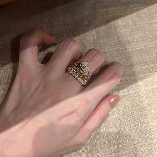 S925纯银法式金色满钻水滴戒指女