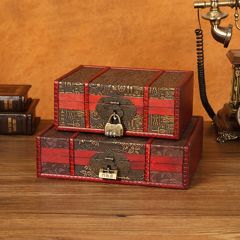 中式复古木匣子家用证件带锁桌面收纳盒道具O密码盒文玩收藏百宝