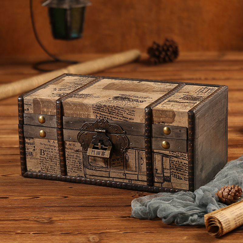 古典皮革印花木匣子家用桌面证件C收纳盒带锁首饰盒个性复古百宝