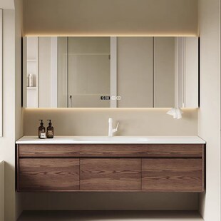 新中式中古风侘寂复n古浴室柜岩板热弯一体盆卫生间洗手脸盆柜组